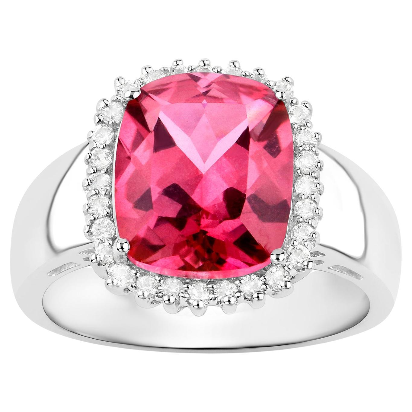 Hot Pink Topaz Ring White Topaz Halo 4.4 Carats For Sale