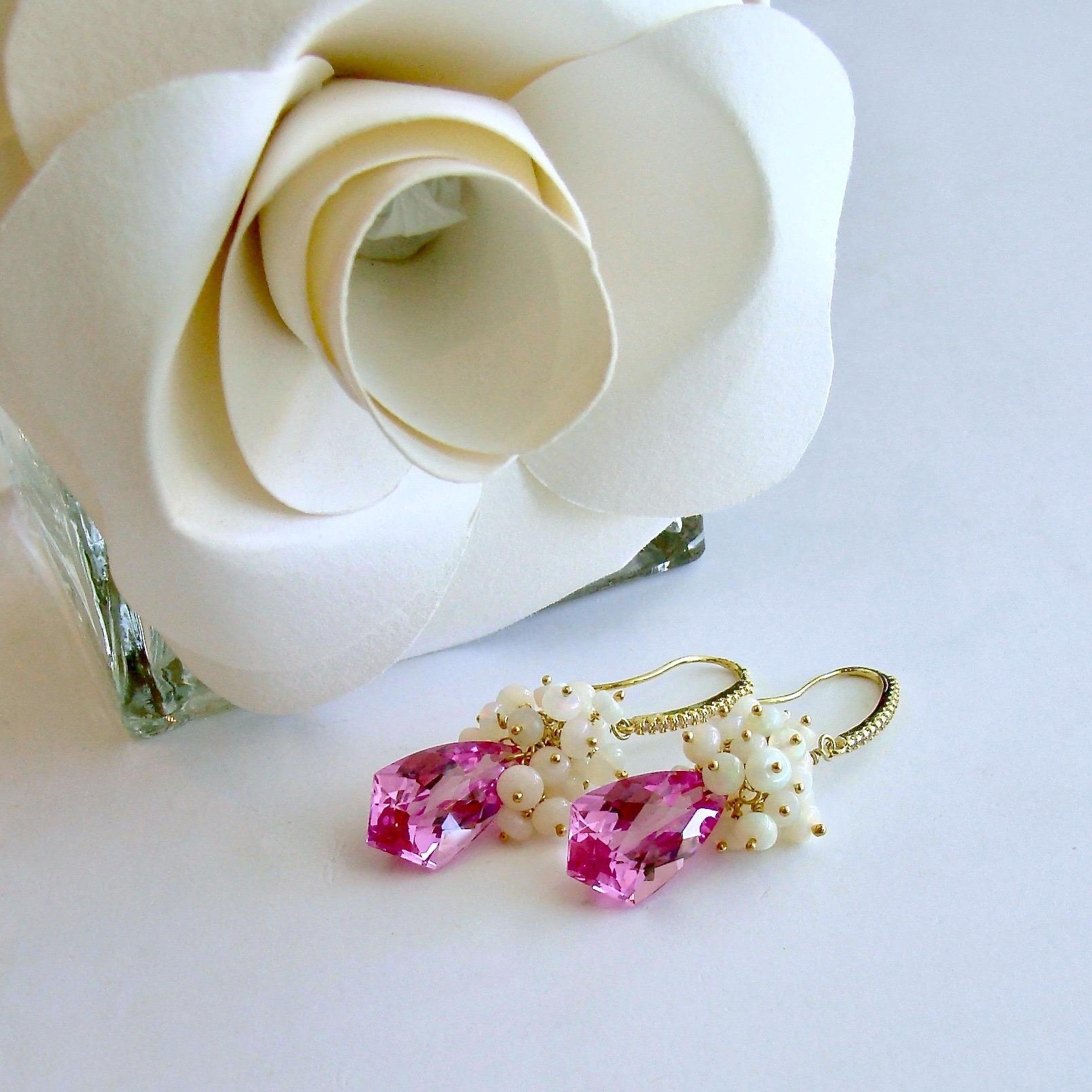 Artisan Hot Pink Topaz Shield Briolettes Ethiopian Opal Cluster Earrings