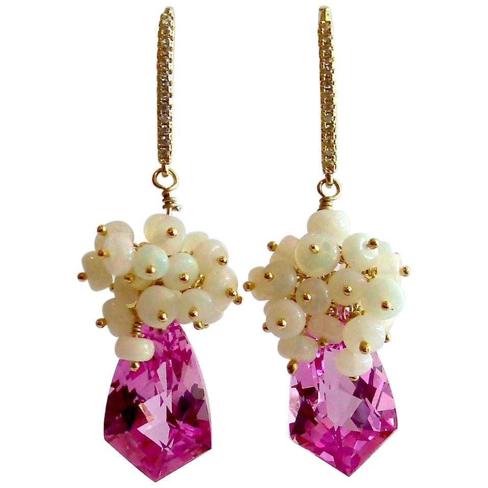 Hot Pink Topaz Shield Briolettes Ethiopian Opal Cluster Earrings