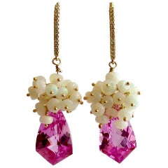 Hot Pink Topaz Shield Briolettes Ethiopian Opal Cluster Earrings