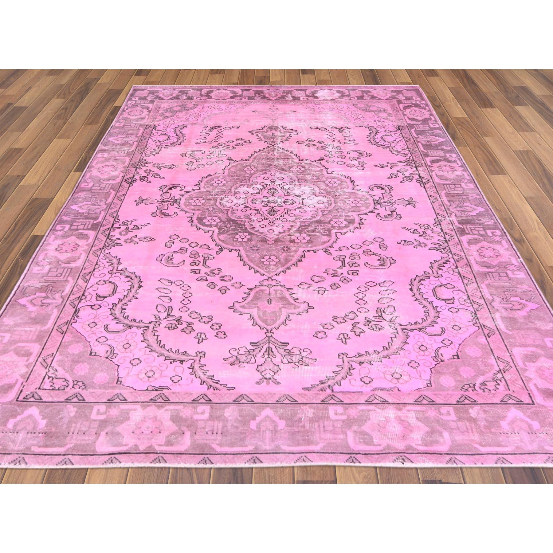 Hand-Knotted Hot Pink Vintage Overdyed Persian Tabriz Distressed Worn Wool Hand Knotted Rug