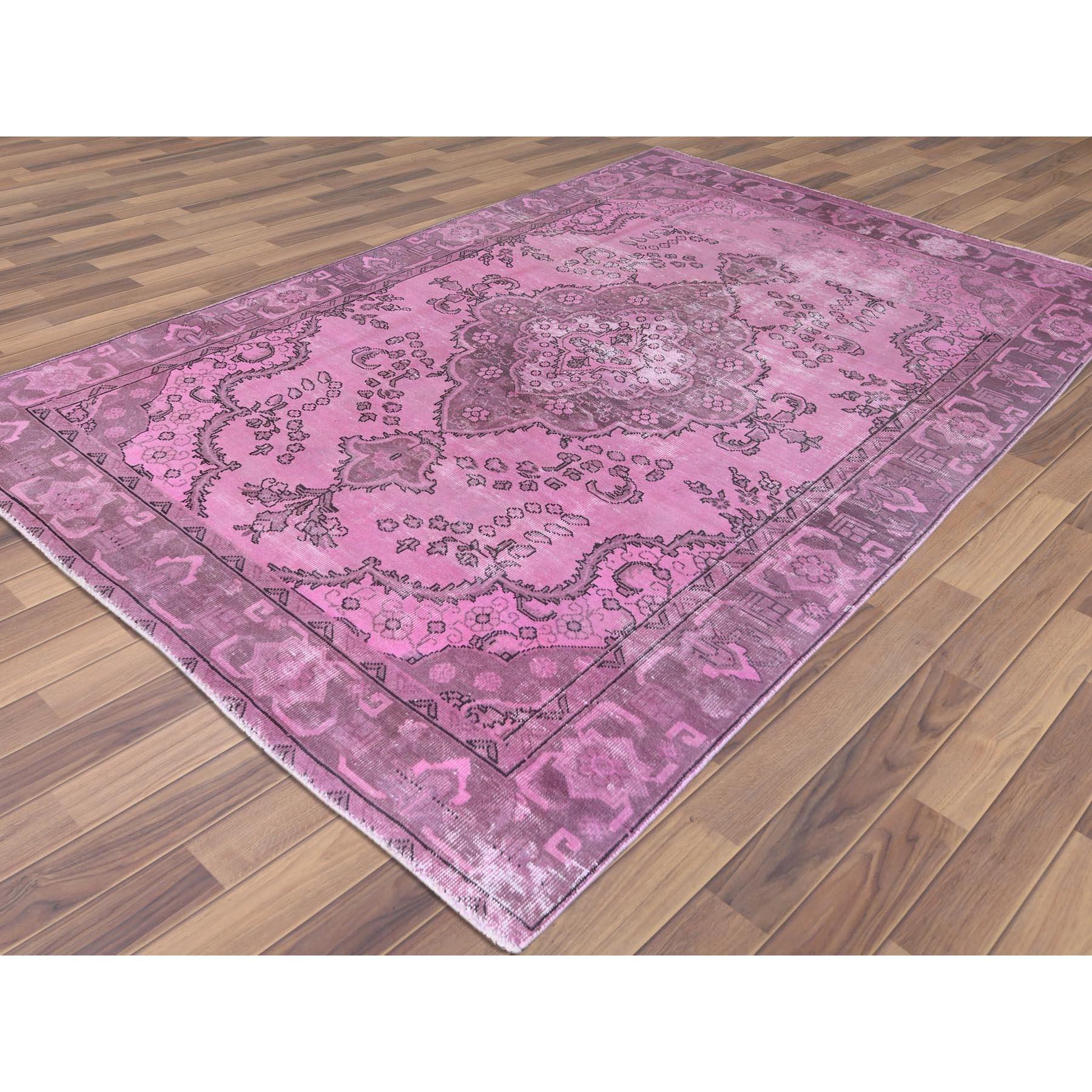 Hot Pink Vintage Overdyed Persian Tabriz Distressed Worn Wool Hand Knotted Rug In Good Condition In Carlstadt, NJ
