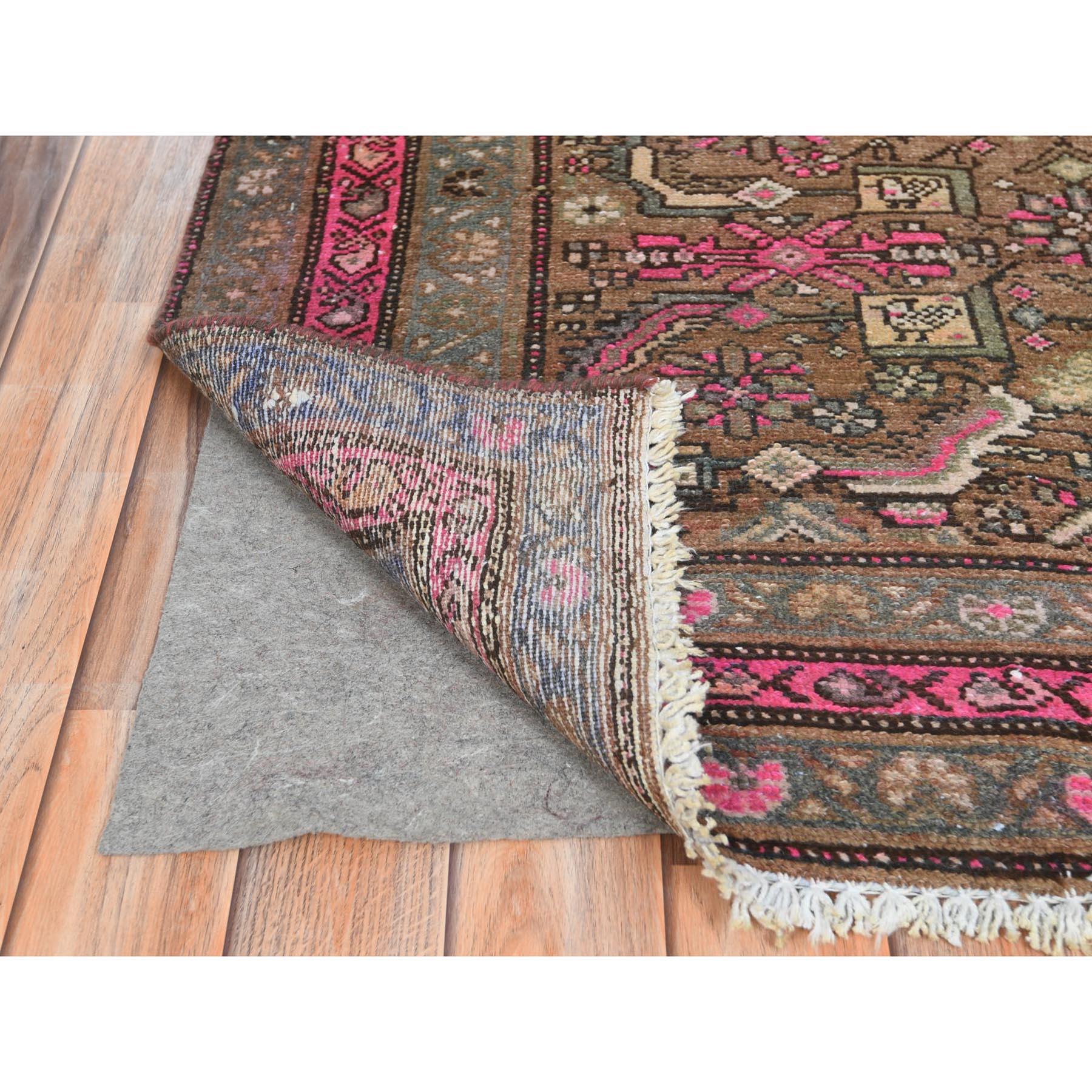 Medieval Hot Pink Vintage Persian Herati Fish Design Serab, Worn Wool Hand Knotted Rug For Sale