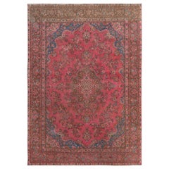 Hot Pink Vintage Persian Mashad Worn Down Hand Knotted Pure Wool Oriental Rug