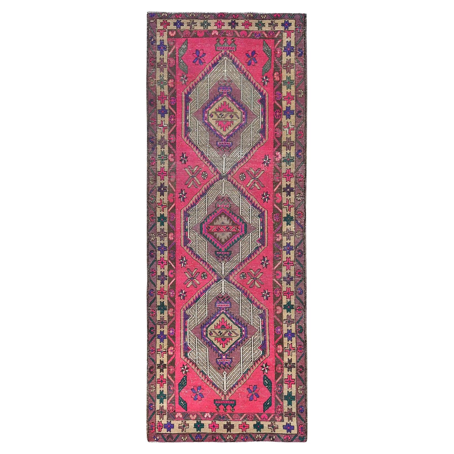 Hot Pink Vintage Persian Serab, Bohemian, Hand Knotted Worn Wool Runner Rug