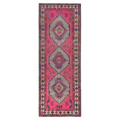 Hot Pink Retro Persian Serab, Bohemian, Hand Knotted Worn Wool Runner Rug