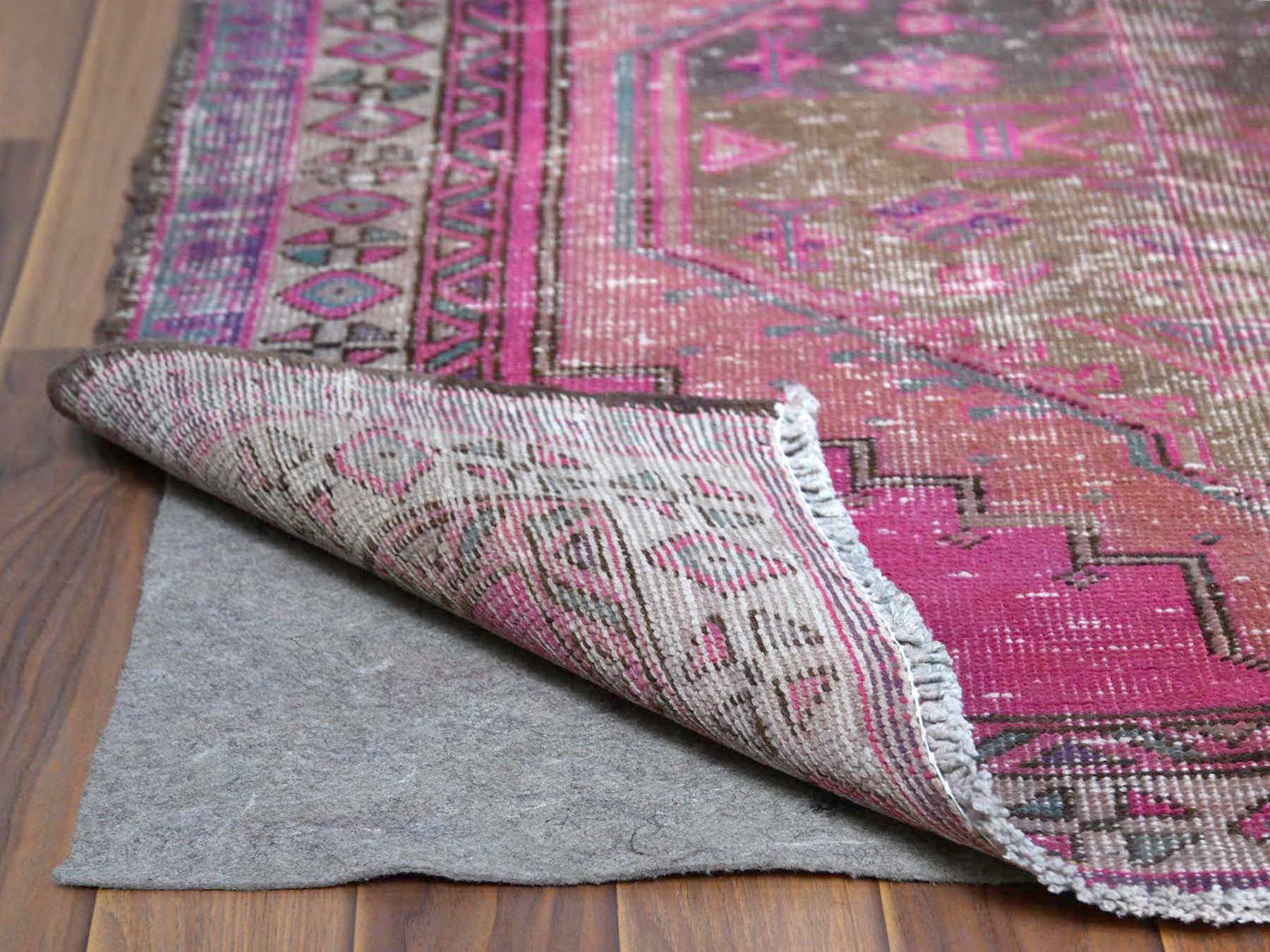 Hand-Knotted Hot Pink Vintage Persian Tabriz Cropped Thin Pile Hand Knotted Natural Wool Rug