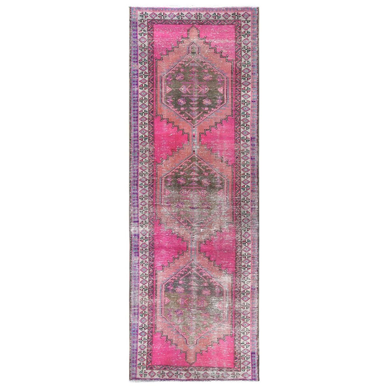 Hot Pink Vintage Persian Tabriz Cropped Thin Pile Hand Knotted Natural Wool Rug