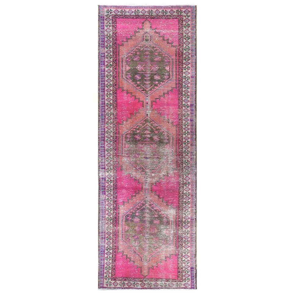 Hot Pink Vintage Persian Tabriz Cropped Thin Pile Hand Knotted Natural ...