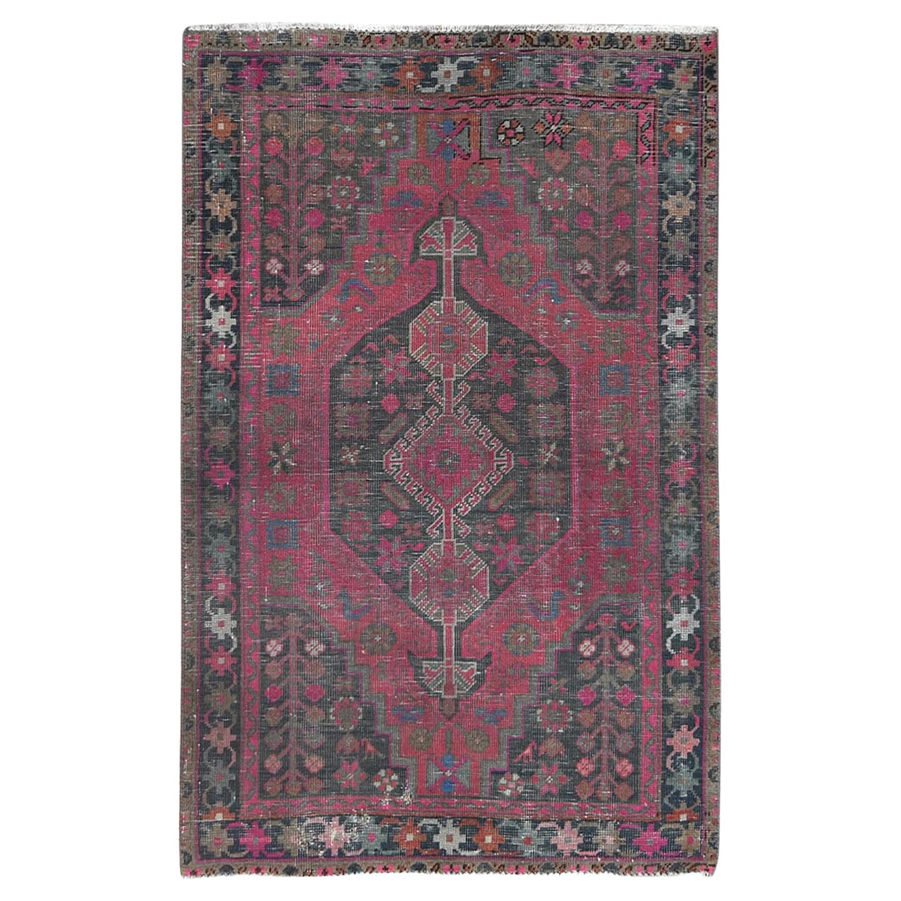 Hot Pink, Worn Wool Hand Knotted, Vintage Persian Hamadan, Distressed Look Rug