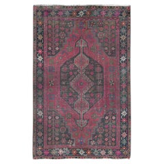 Hot Pink, Worn Wool Hand Knotted, Vintage Persian Hamadan, Distressed Look Rug