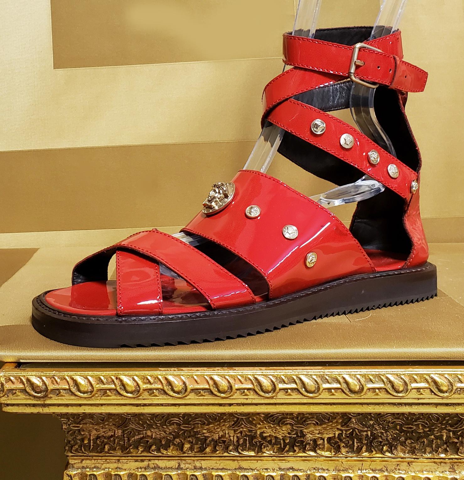 HOT!!! S/S'12 Look #32 VERSACE RED LEATHER SANDALS SHOES 44-11 In New Condition In Montgomery, TX