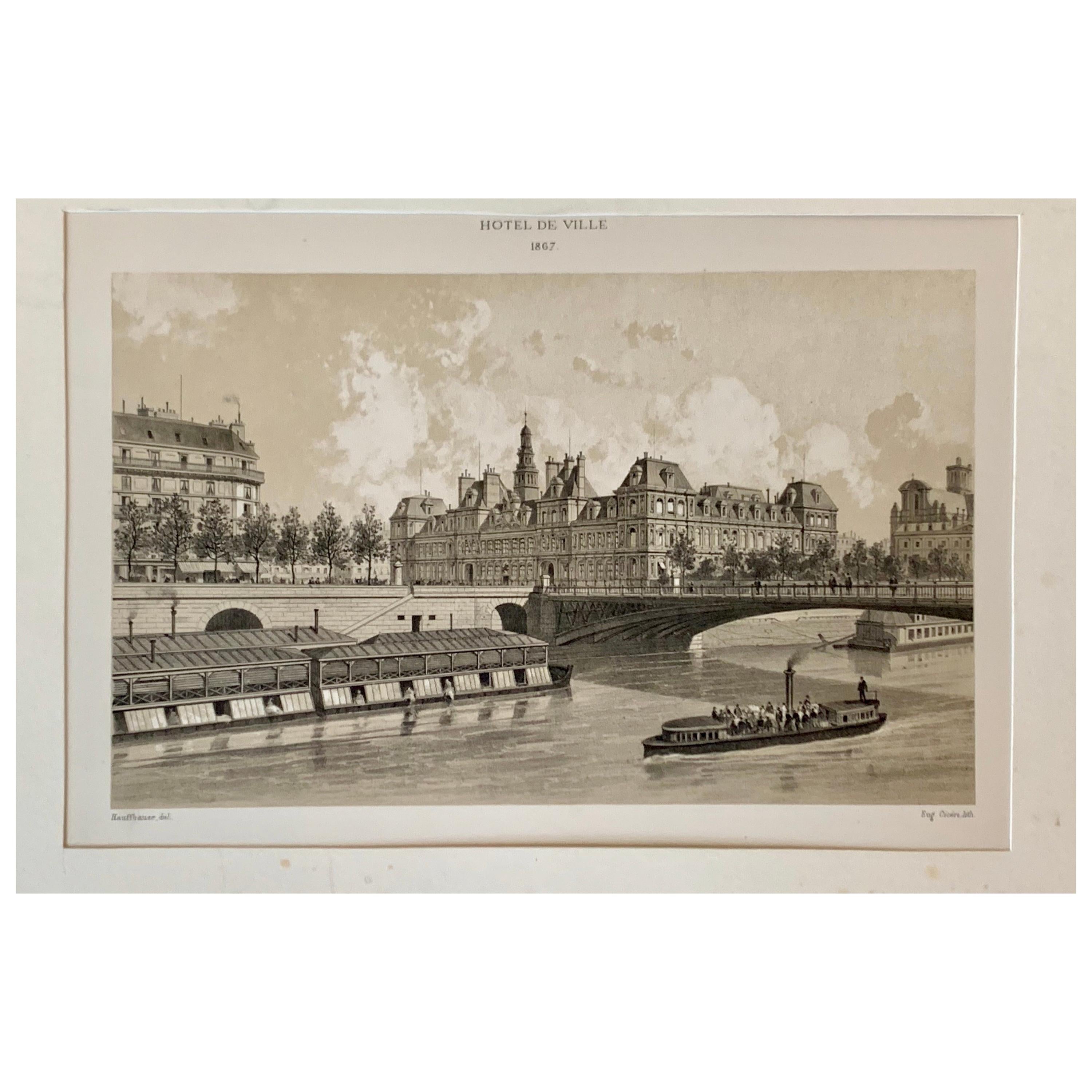 Lithographie ancienne de l'Hôtel De Ville 1867 par Ciceri Hauffbauer, Del. Imprimer