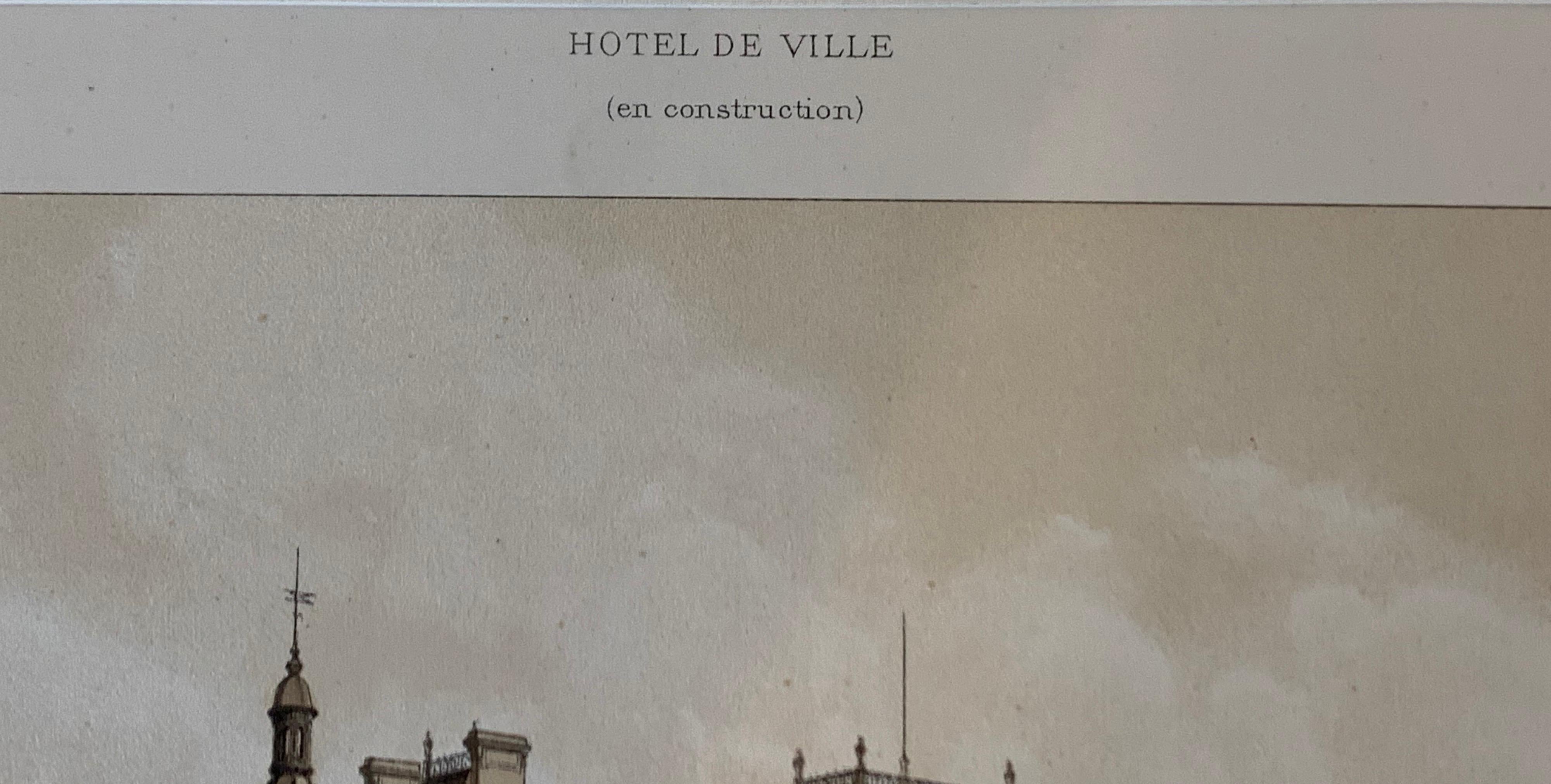 French Hotel De Ville Paris en Construction Charpentier Paper Lithograph 1870s Print
