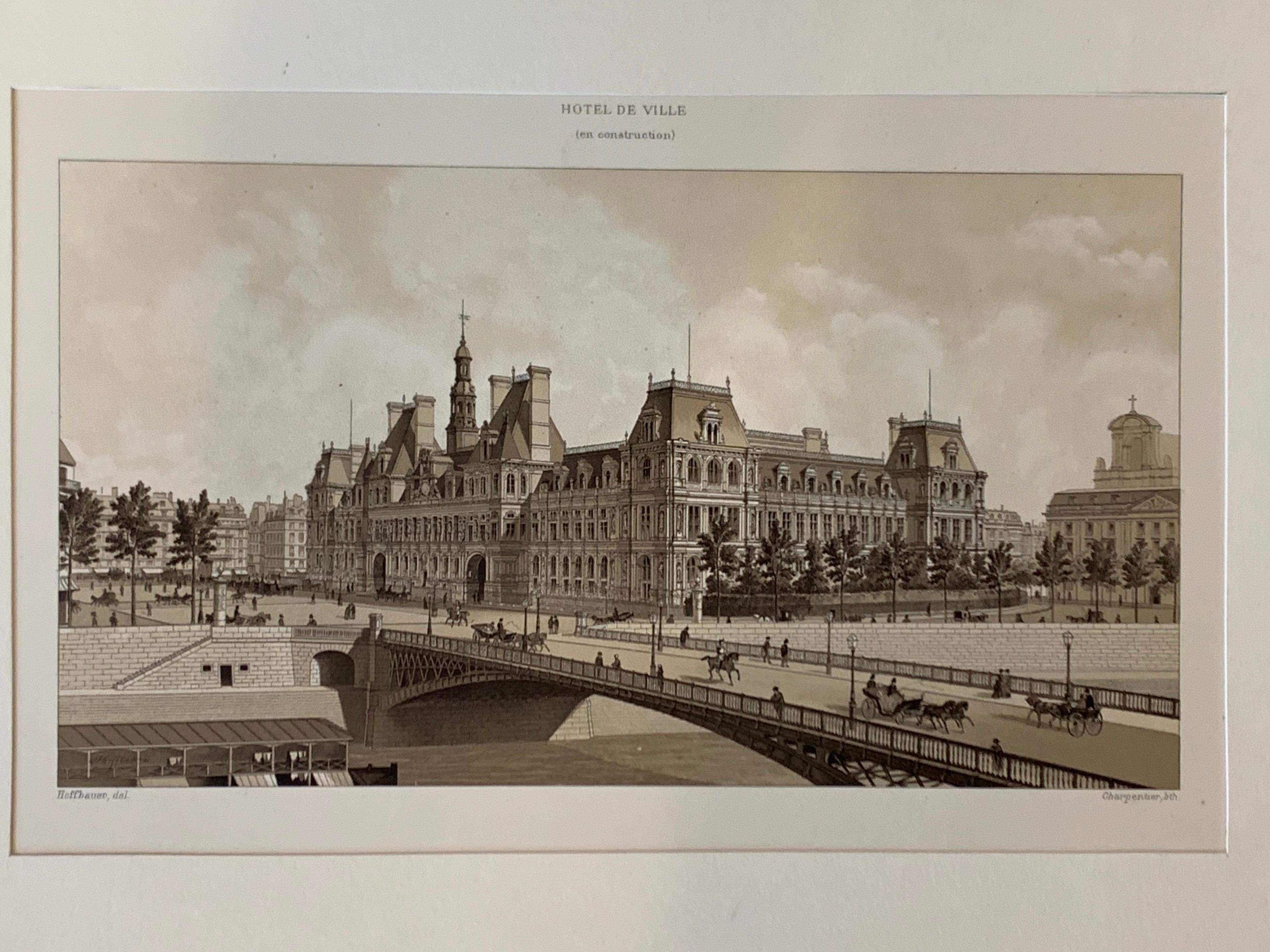 Hotel De Ville Paris en Construction Charpentier Paper Lithograph 1870s Print 1
