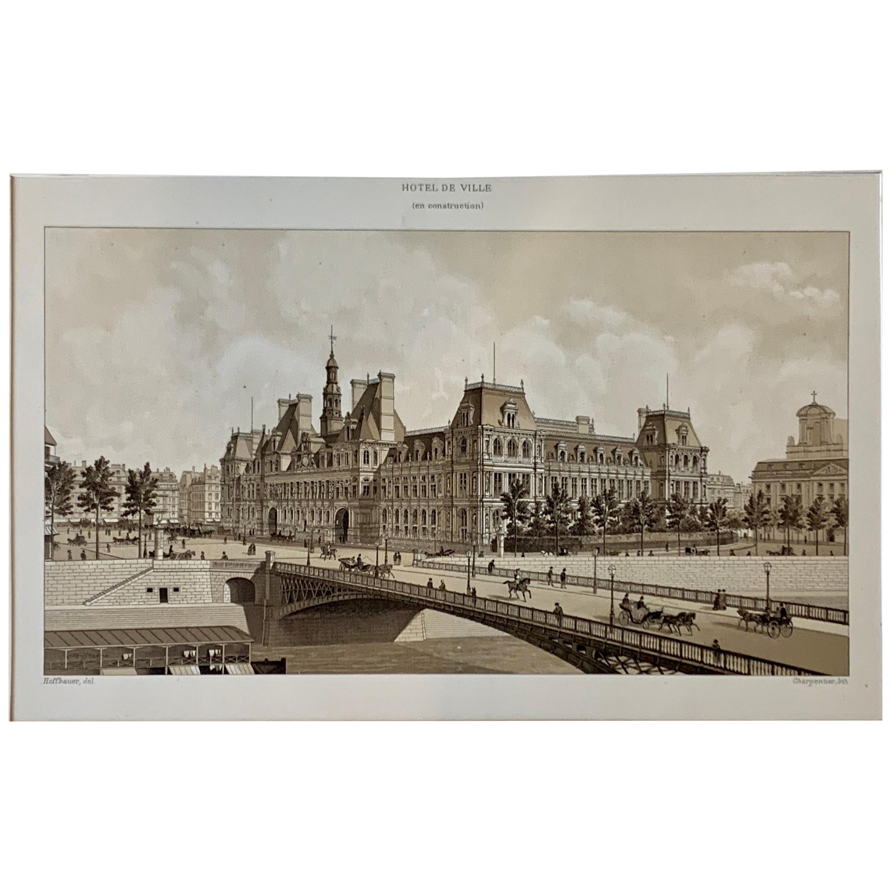 Hotel De Ville Paris en Construction Charpentier Paper Lithograph 1870s Print