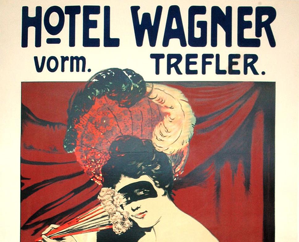 This daring 1906 German original poster invites you a masked ball at Hotel Wagner for the annual Carnival festivities. Carnival is celebrated by many cultures just before Lent. In Germany the lengthy celebratory season officially opens on 11/11 and