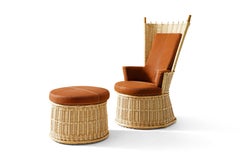 Hotte Rattan and Leather Armchair and Pouf by Philippe Starck for Cassina