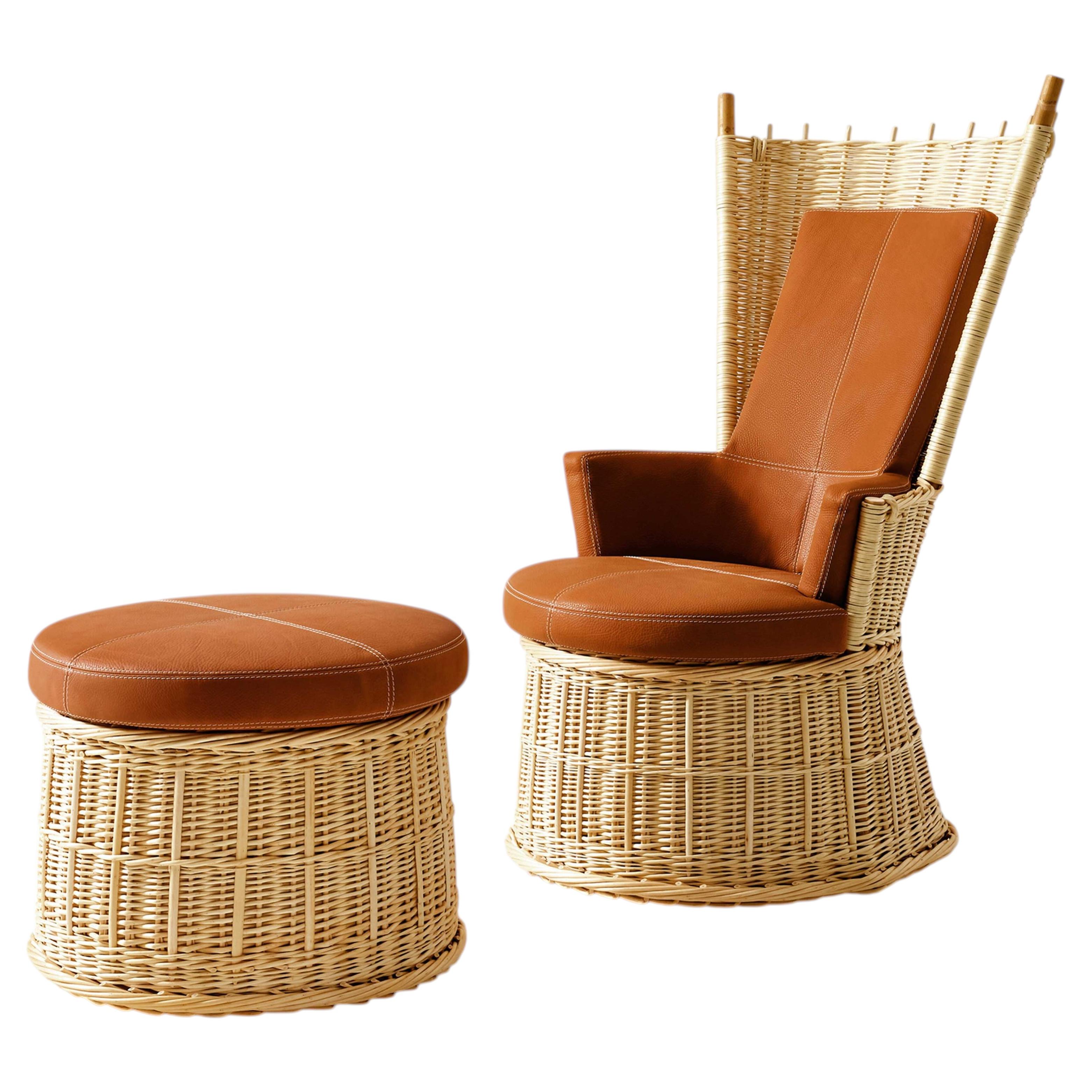 Hotte Rattan and Leather Armchair and Pouf by Philippe Starck for Cassina For Sale