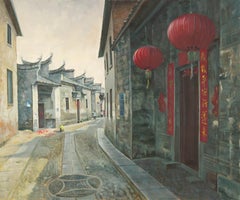 Houhua Huang Paesaggio Olio Originale Su Tela "Vicolo Vecchio Serie I"