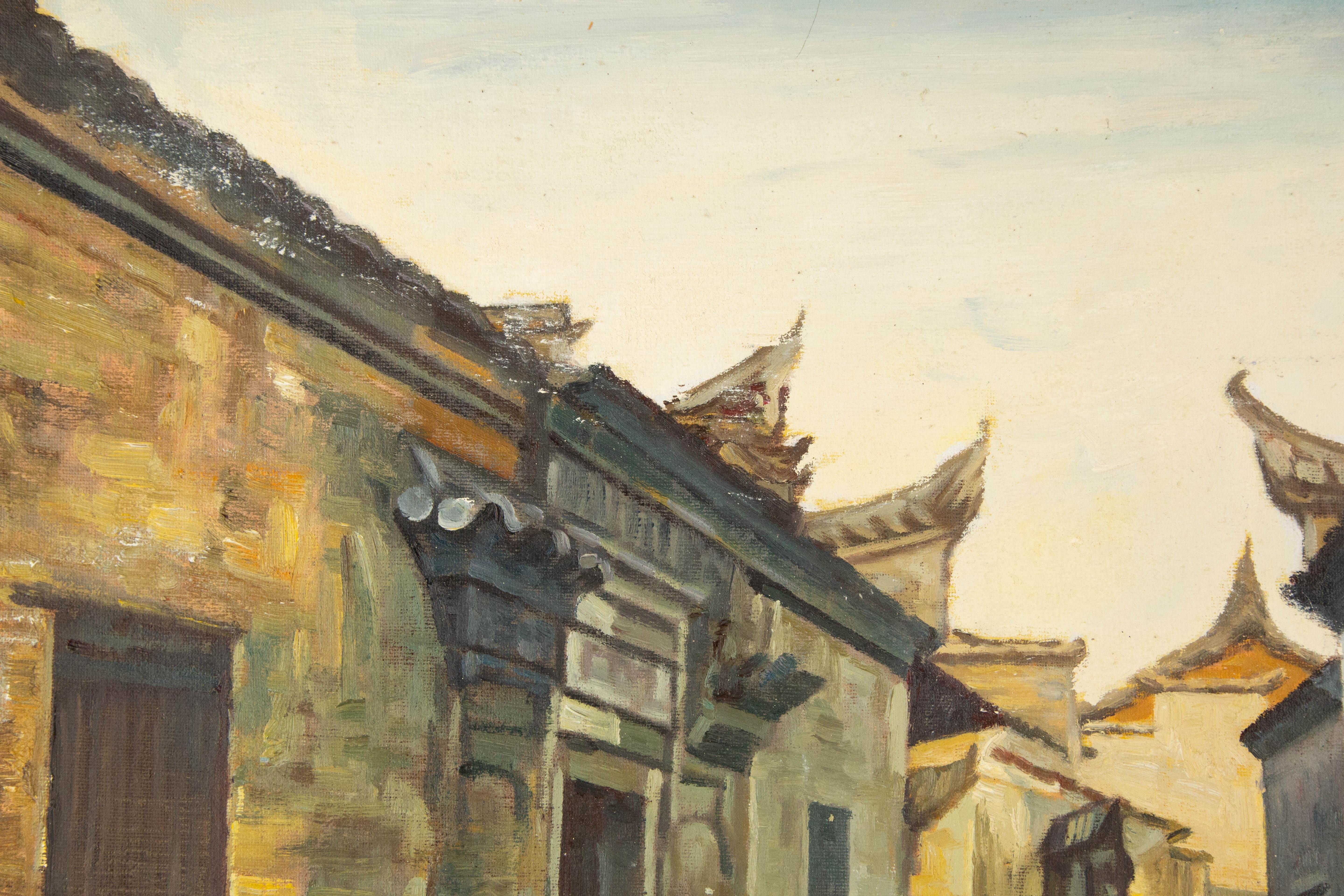 Houhua Huang Landschaft, Original, Öl auf Leinwand, „Old Alley Series II“, Original im Angebot 1