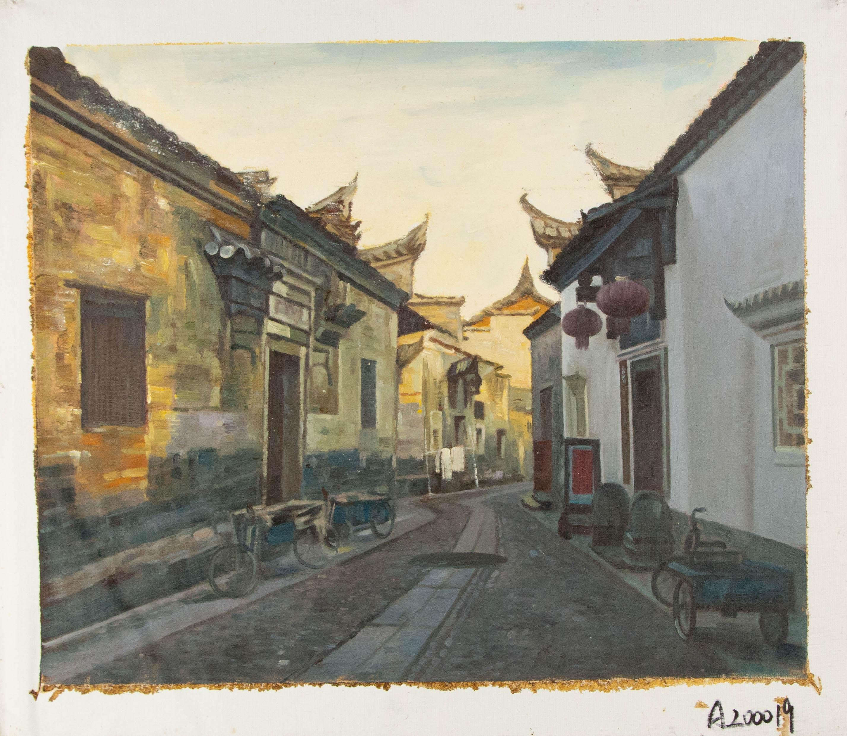 Houhua Huang Landschaft, Original, Öl auf Leinwand, „Old Alley Series II“, Original im Angebot 7