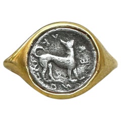 Cane da caccia Autentica moneta greca antica 460-450 a.C. Anello in oro 18 Kt