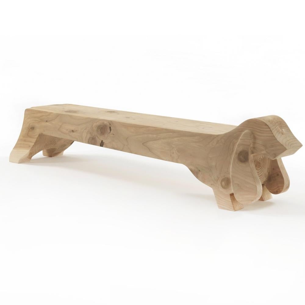 Bench Hound dog with structure in solid cedar
tree wood. Treated solid wood with wax with natural 
pine extracts. Exceptional piece.
L140xD40xH44/55cm, price: 6300€.
L190xD40xH44/55cm, price: 7500,00€.
L240xD40xH44/55cm, price: 9200,00€.
Solid cedar
