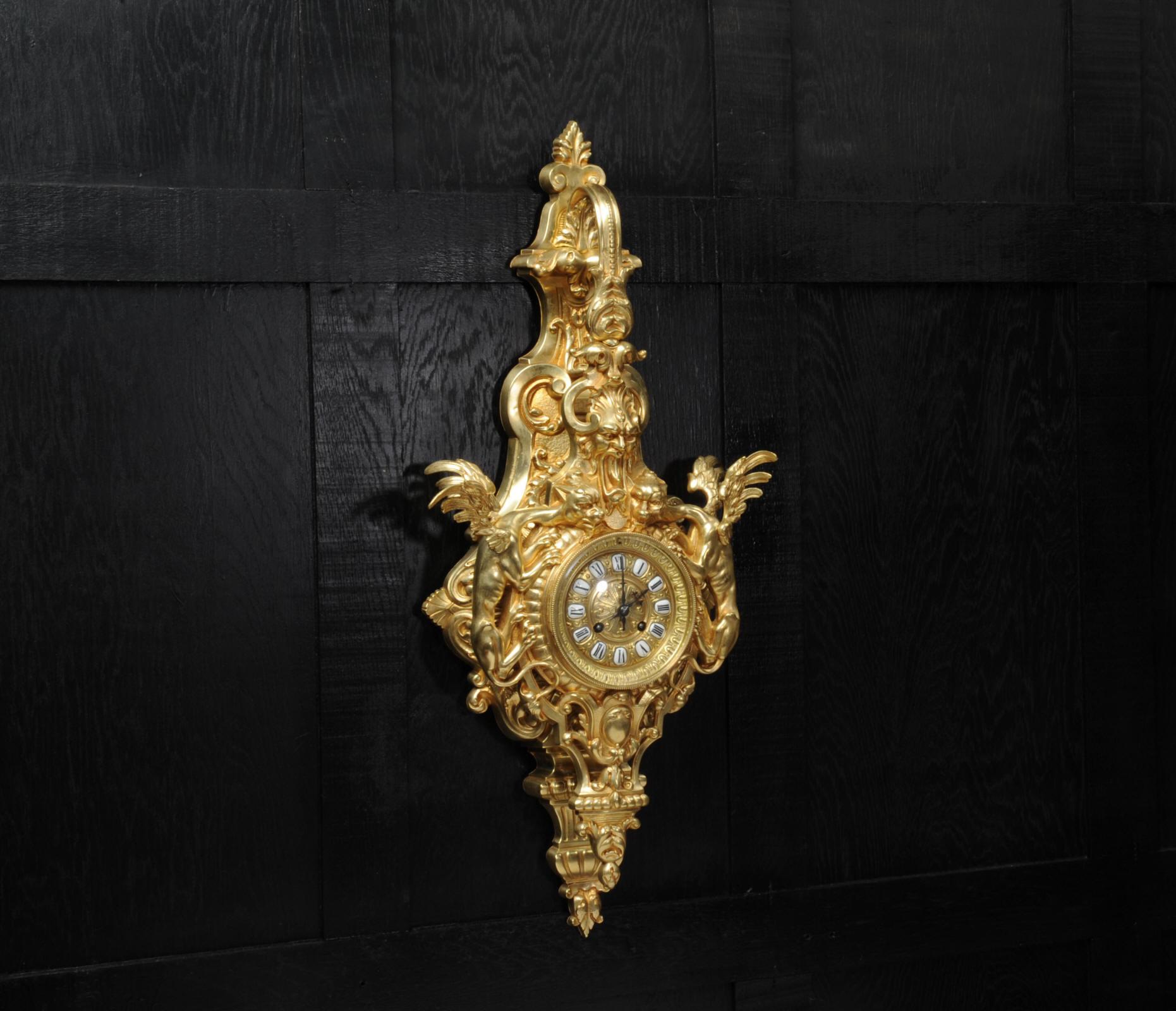 Hounds of the Devil, Antique French Gothic Gilt Bronze Cartel Wall Clock In Good Condition In Belper, Derbyshire