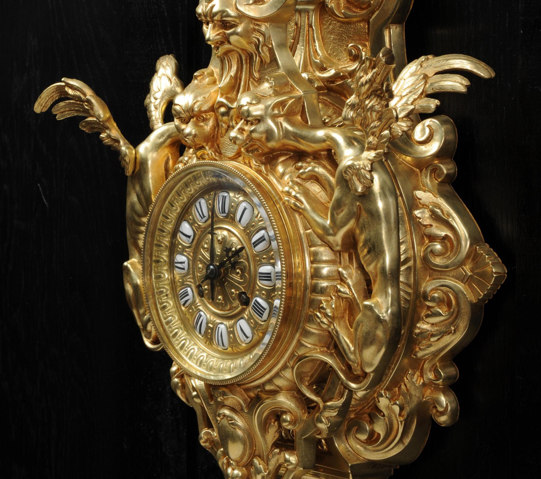 19th Century Hounds of the Devil, Antique French Gothic Gilt Bronze Cartel Wall Clock