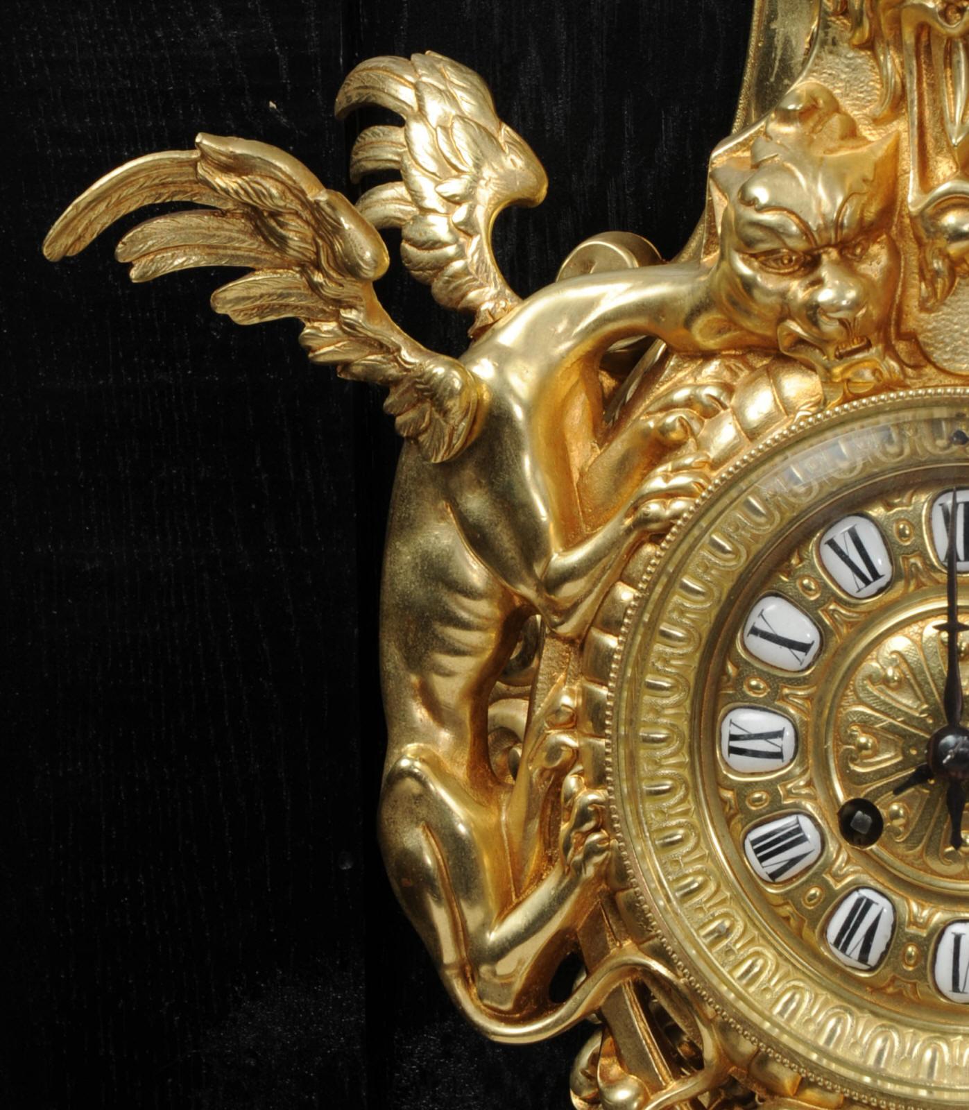 Hounds of the Devil, Antique French Gothic Gilt Bronze Cartel Wall Clock 2