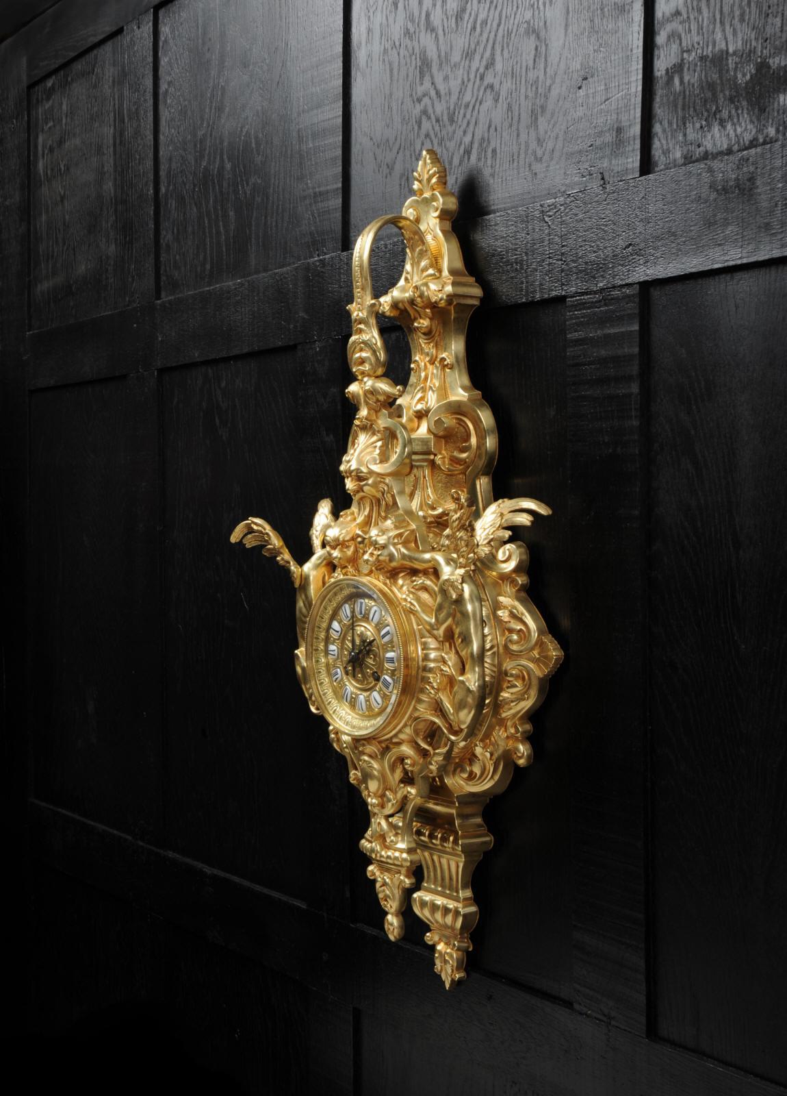 Hounds of the Devil, Antique French Gothic Gilt Bronze Cartel Wall Clock 3