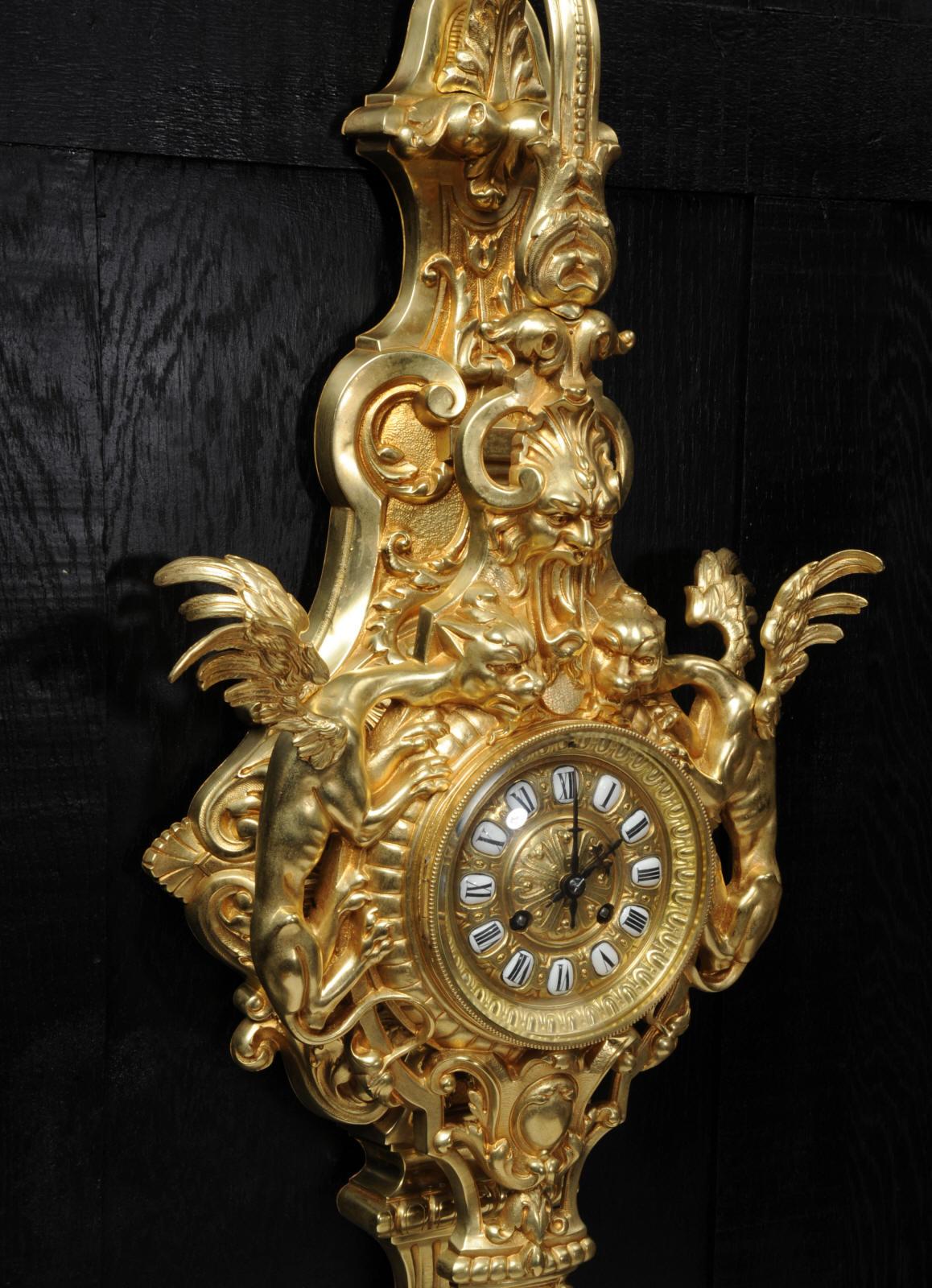 Hounds of the Devil, Antique French Gothic Gilt Bronze Cartel Wall Clock 4