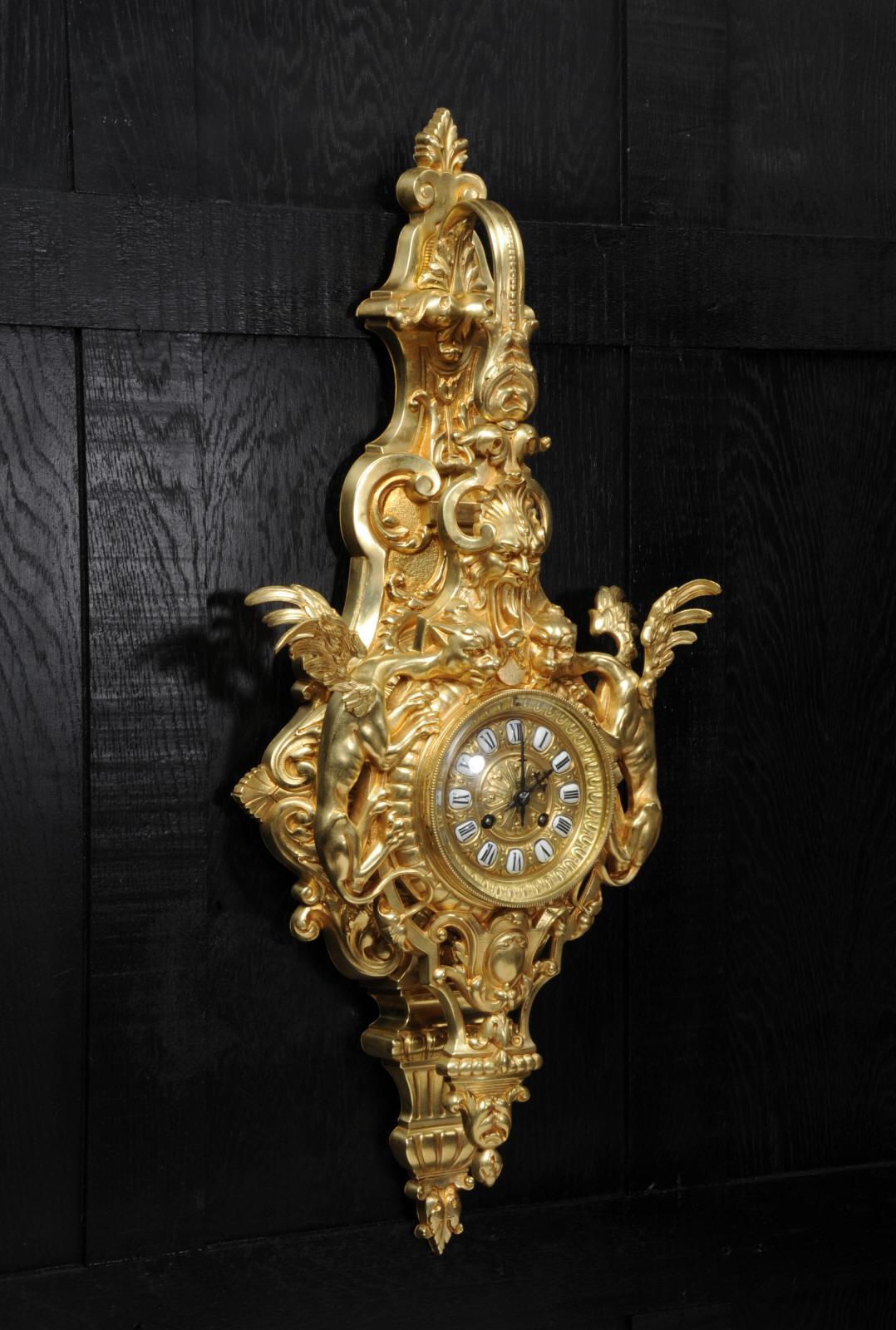 Hounds Of The Devil, Large Gothic Antique French Gilt Bronze Cartel Wall Clock 10