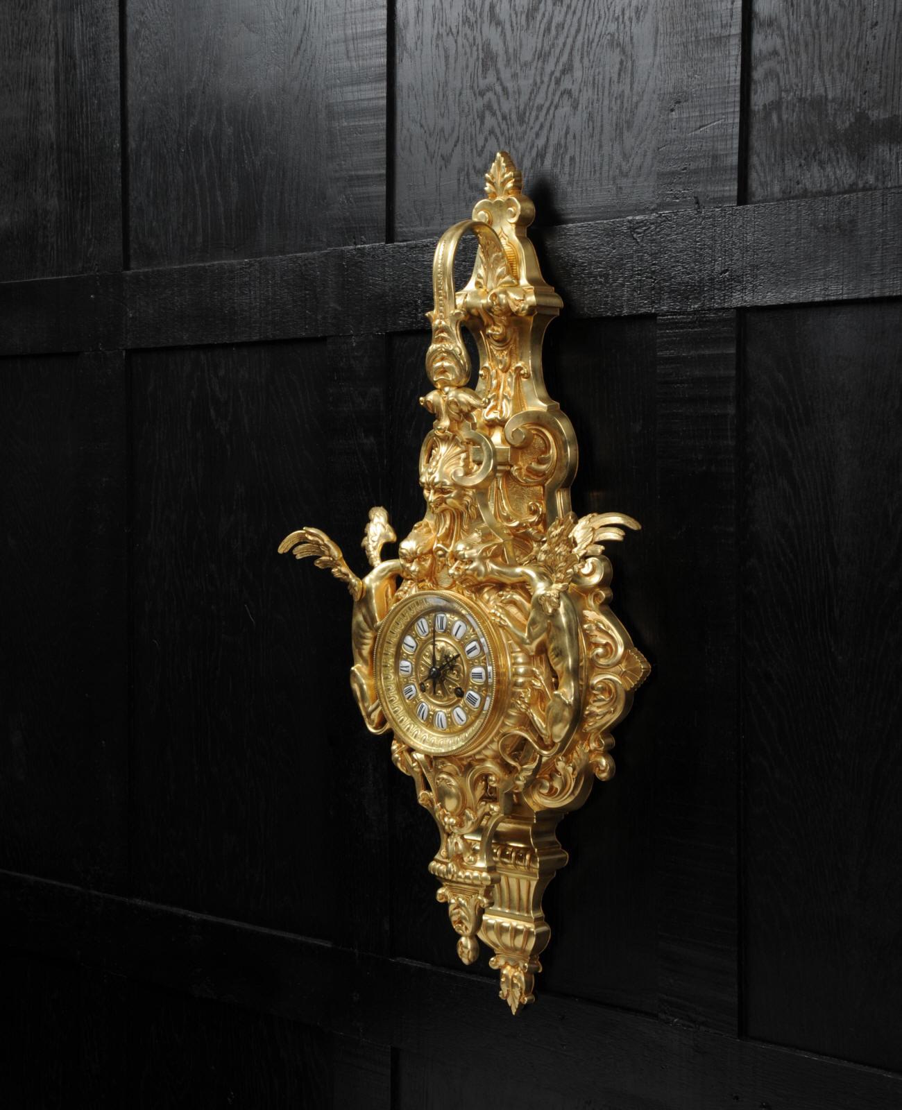 Late 19th Century Hounds Of The Devil, Large Gothic Antique French Gilt Bronze Cartel Wall Clock