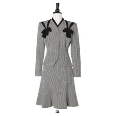 Houndstooth pattern wool skirt suit wit black velvet bow OMO Norma Kamali 