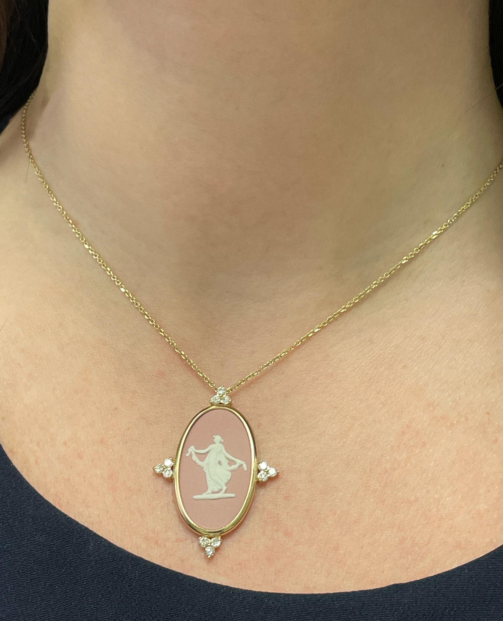Hour of Joy 14K Yellow Gold Oval Pendant Diamond Necklace with Rosé Wedgwood In New Condition For Sale In Old Tappan, NJ