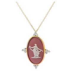 Hour of Joy 14K Yellow Gold Oval Pendant Diamond Necklace with Rosé Wedgwood