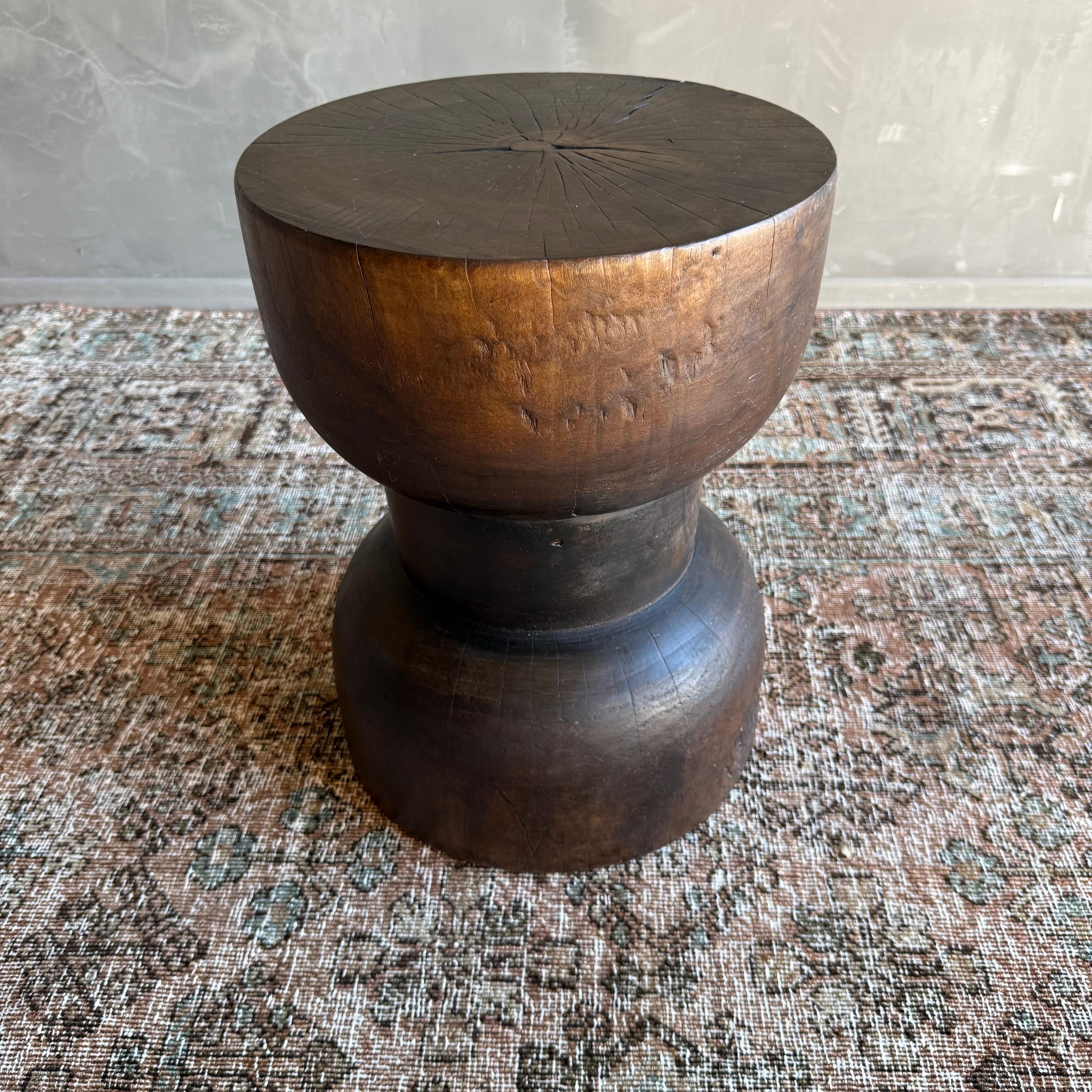 Hand-Carved Hourglass Shape Side Stump Table in Walnut For Sale