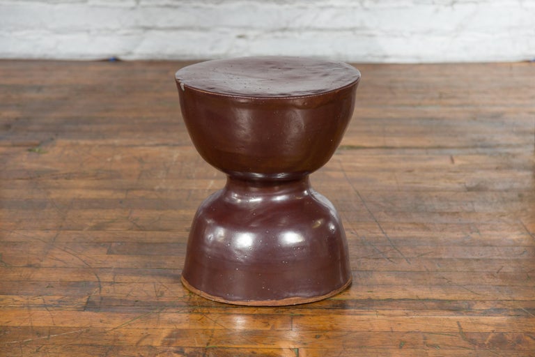Hourglass Shaped Handmade Ceramic Garden Stool with Brown Iridescent
