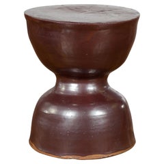 Hourglass Shaped Handmade Ceramic Garden Stool with Brown Iridescent Glaze