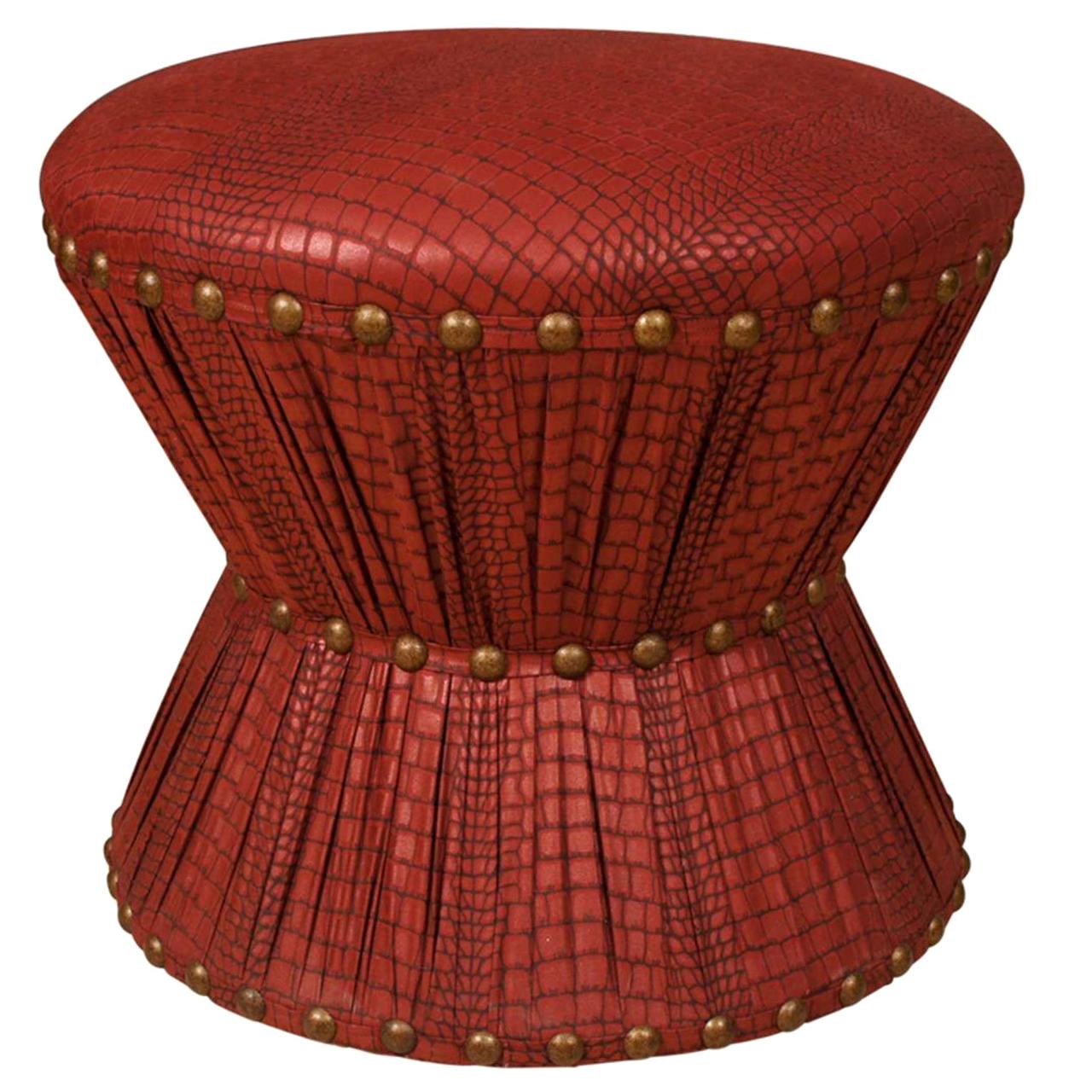Hourglass Stool with Embossed Leather Printed Cotton Upholstery For Sale
