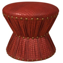 Vintage Hourglass Stool with Embossed Leather Printed Cotton Upholstery