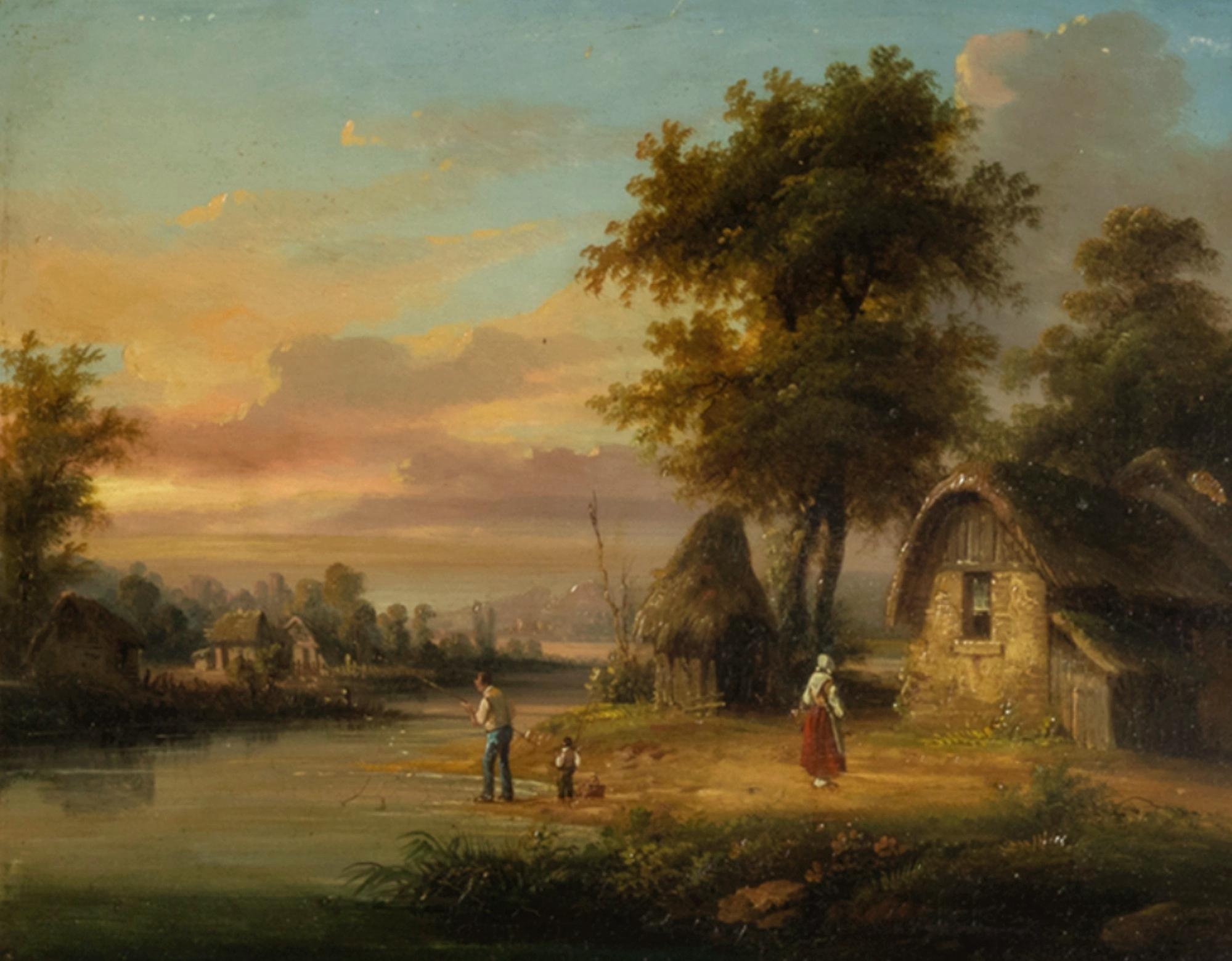 A melancholic variant painting titled «Villaggio Sul Lago» by the french artist Henri Bellery-Desfontaines depicting a family scene with the father and son fishing in the river shore while ther mother walks to the family house. 

Henri