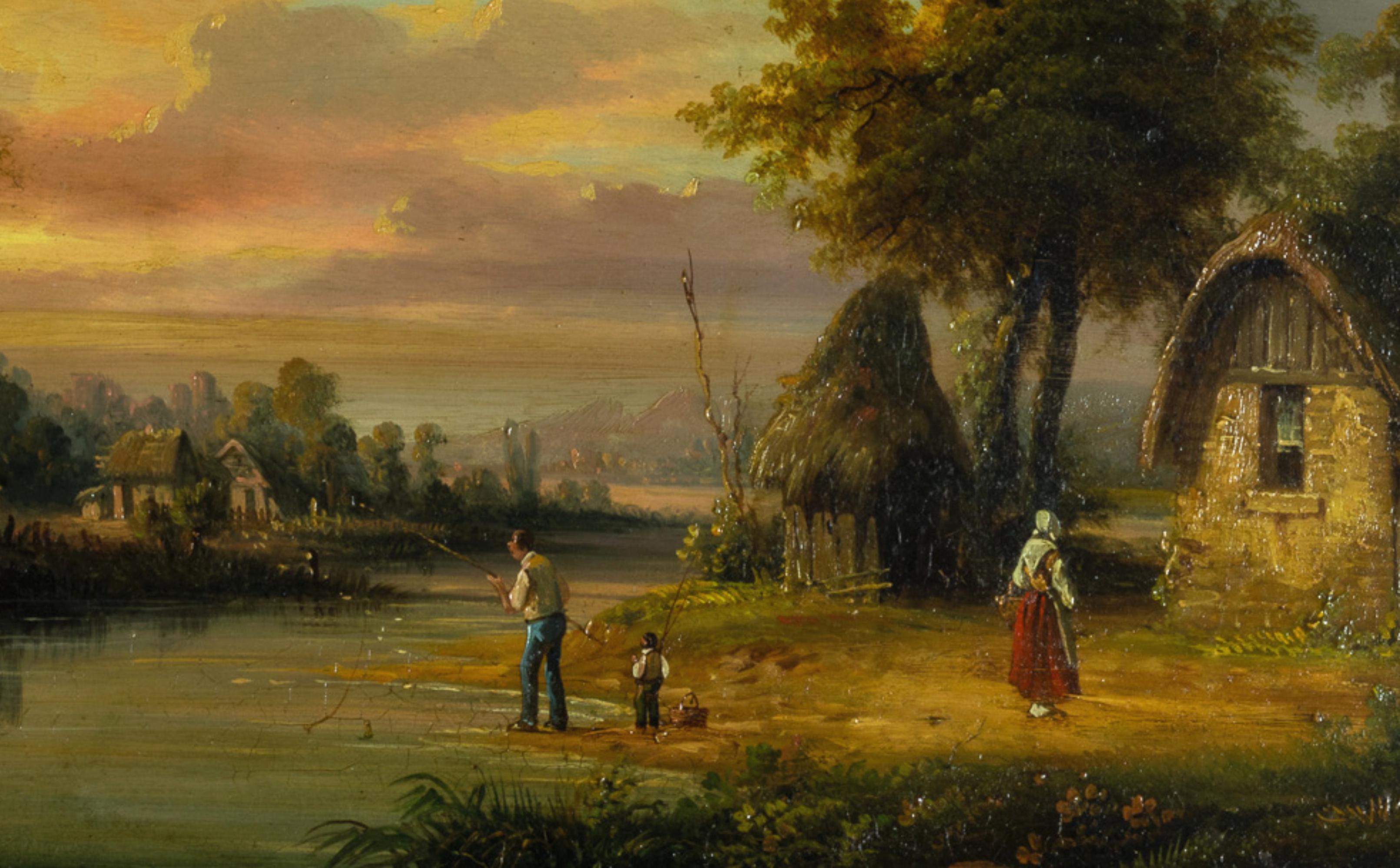 Huilé Peinture de la maison au bord de la rivière par Henri Desfontaines, 19e siècle en vente
