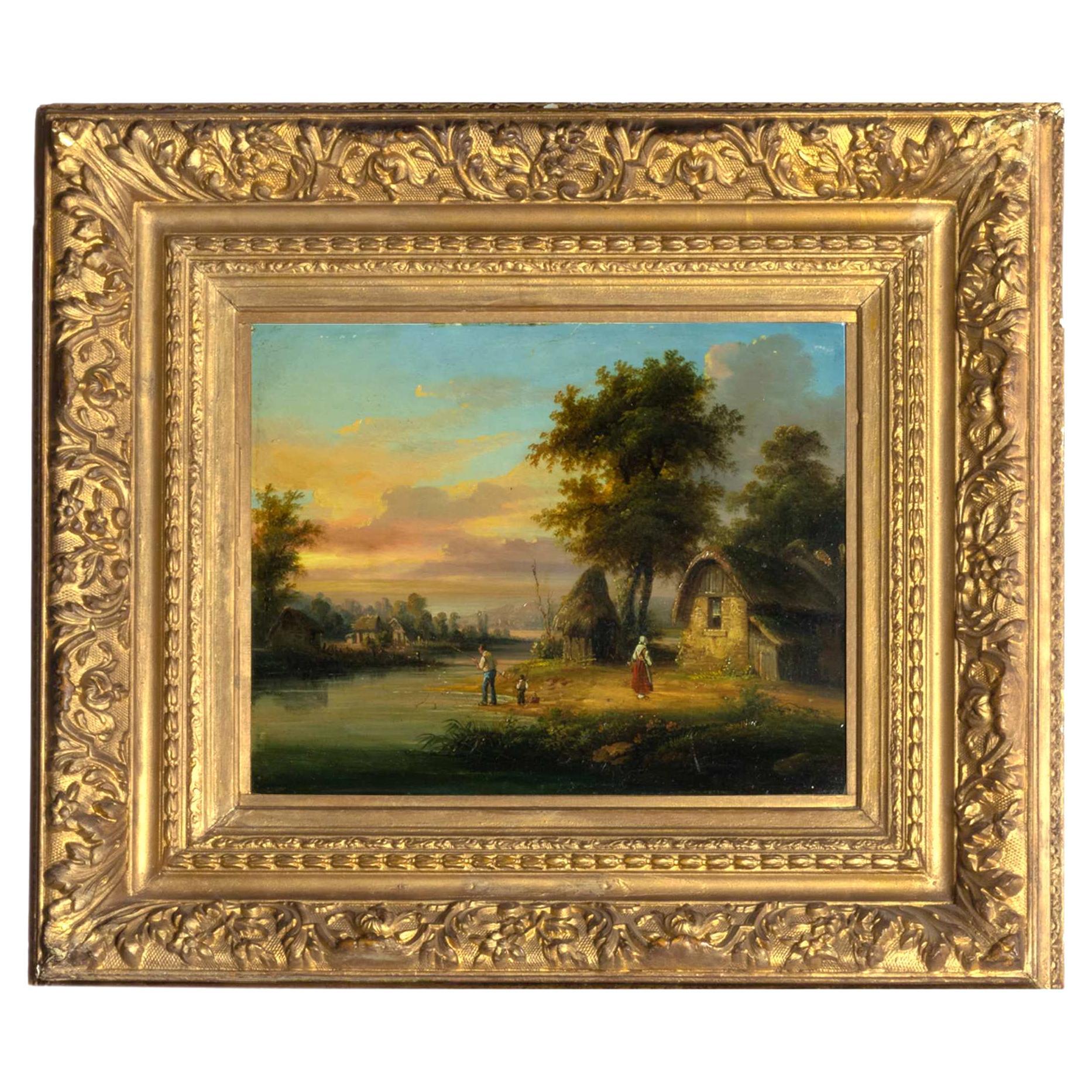 House By The River Painting By Henri Desfontaines, 19th Century For Sale