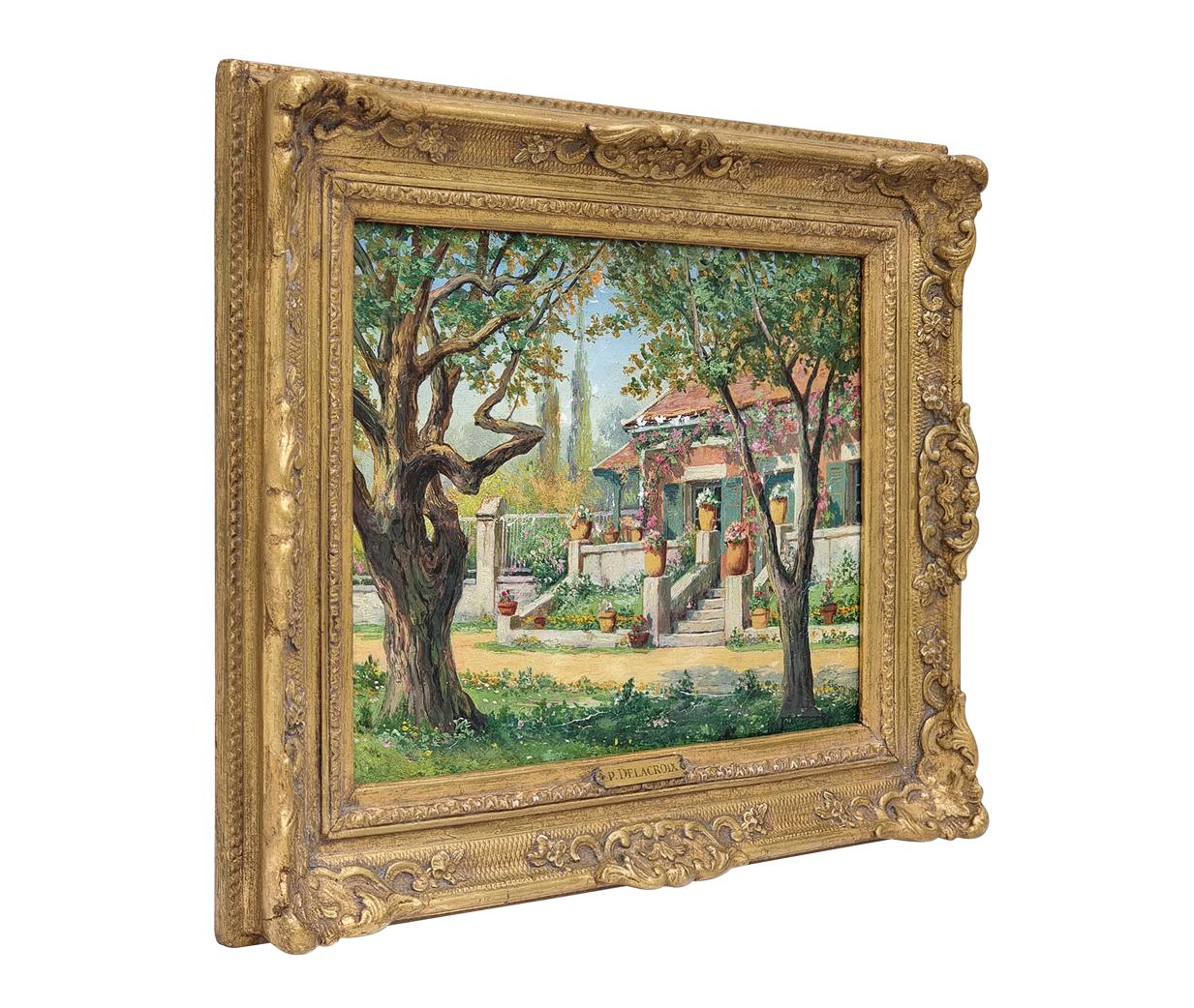 Small flower-filled house in the south of France with terrace and wooded garden. Oil on canvas painted by the French artist Pauline Delacroix-Garnier (1859 - 1912) framed in an antique Louis XIV-style gilded shell frame. A copper cartel signed 