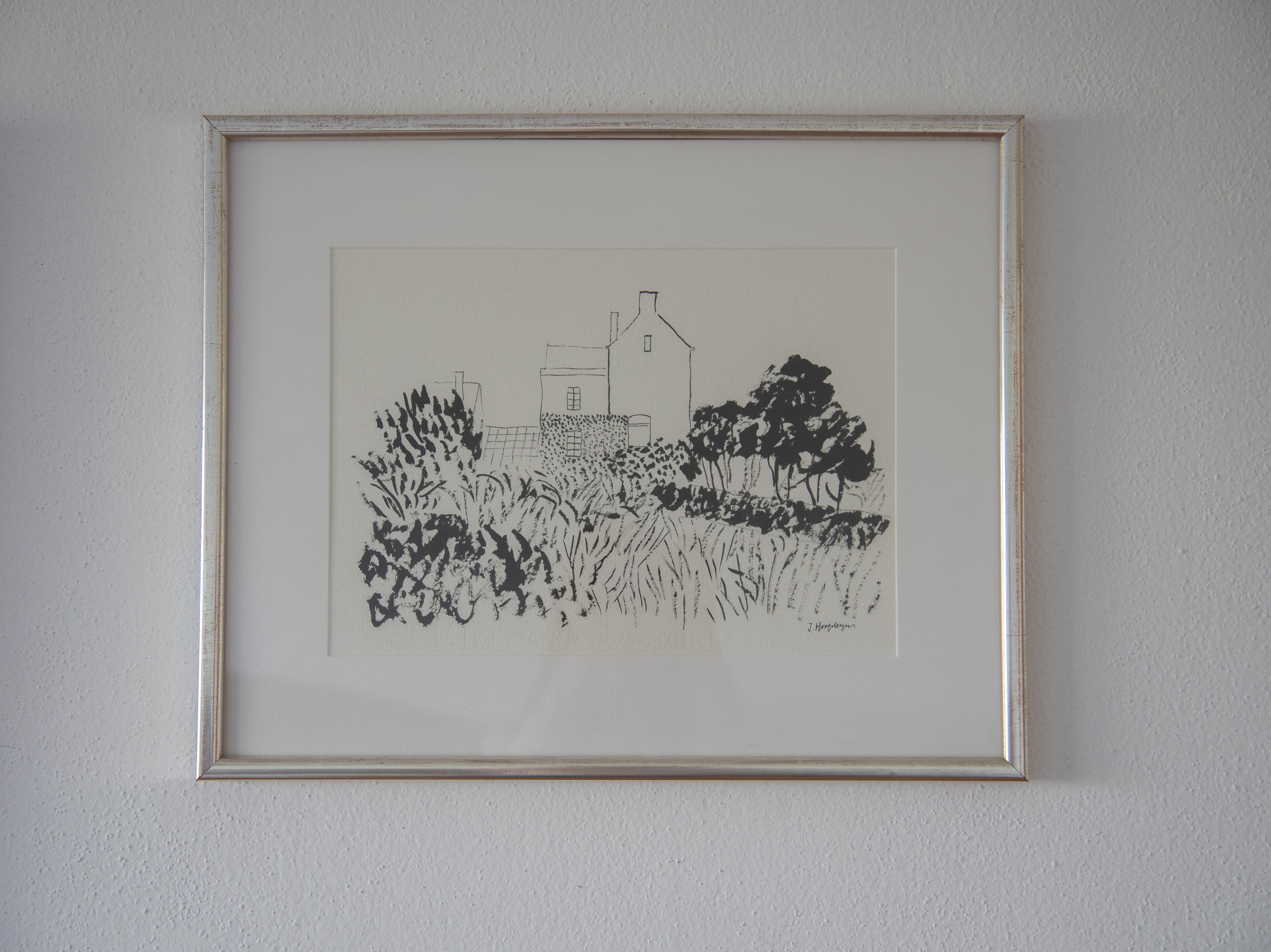 Belge Encre de dessin encadrée « House in Kent Landscape », 100 % papier de coton, Intimist moderne en vente