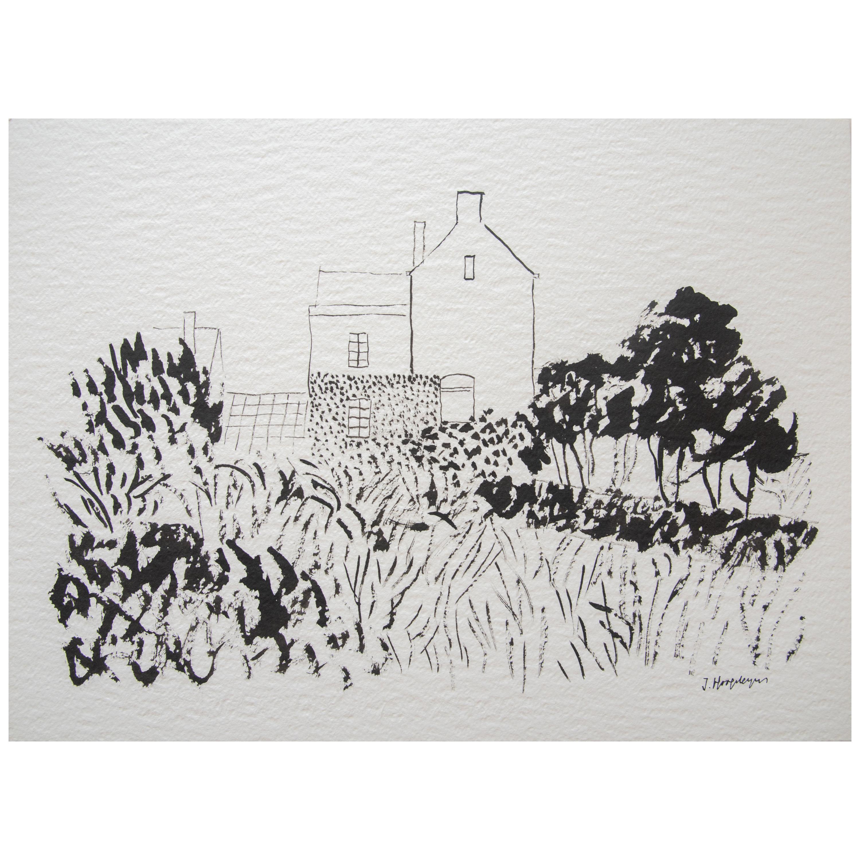 House in Kent Landscape Unframed Drawing Ink 100% Cotton Paper Intimist Modern For Sale