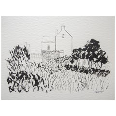 Casa en Kent Paisaje Sin Marco Dibujo Tinta 100% Algodón Papel Intimista Moderno
